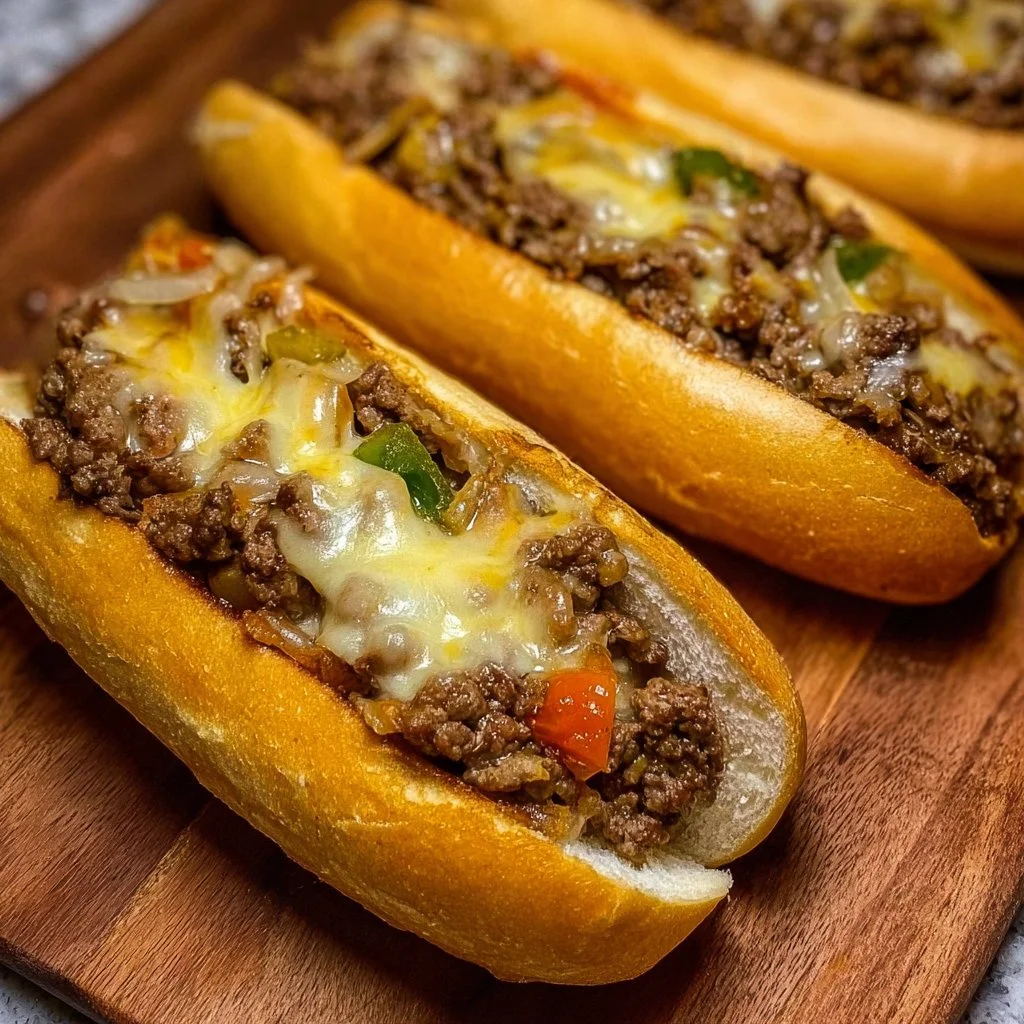 Delicious Ground Beef Philly Cheesesteaks loaded with cheese and peppers