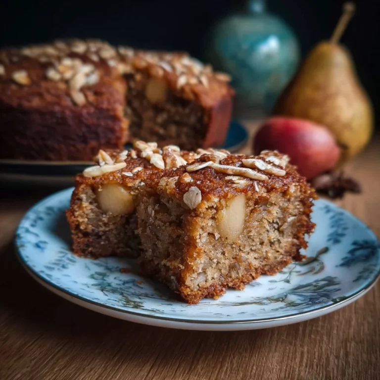 A slice of healthy oatmeal apple cake made with oats and fresh apples.