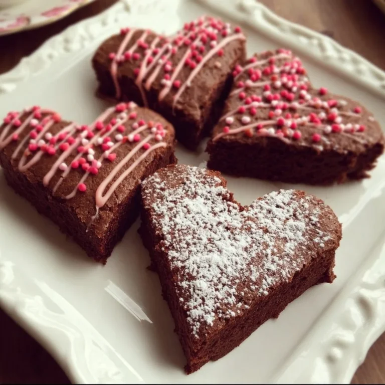 Delicious heart-shaped brownies topped with chocolate drizzle and sprinkles.
