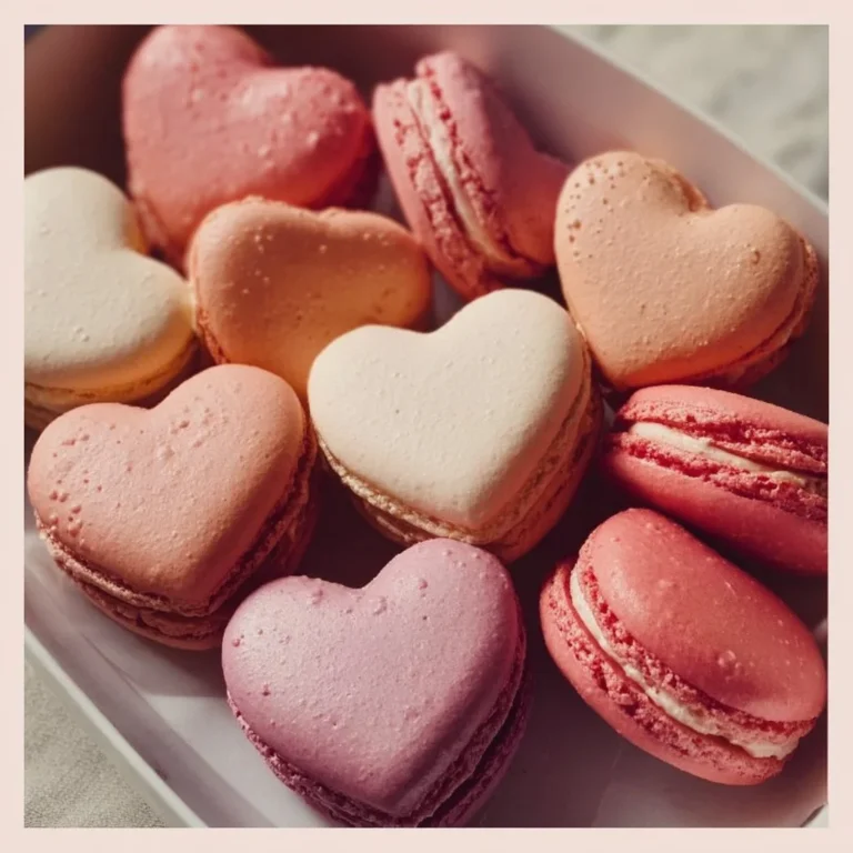 Heart-shaped macarons in various pastel colors arranged beautifully