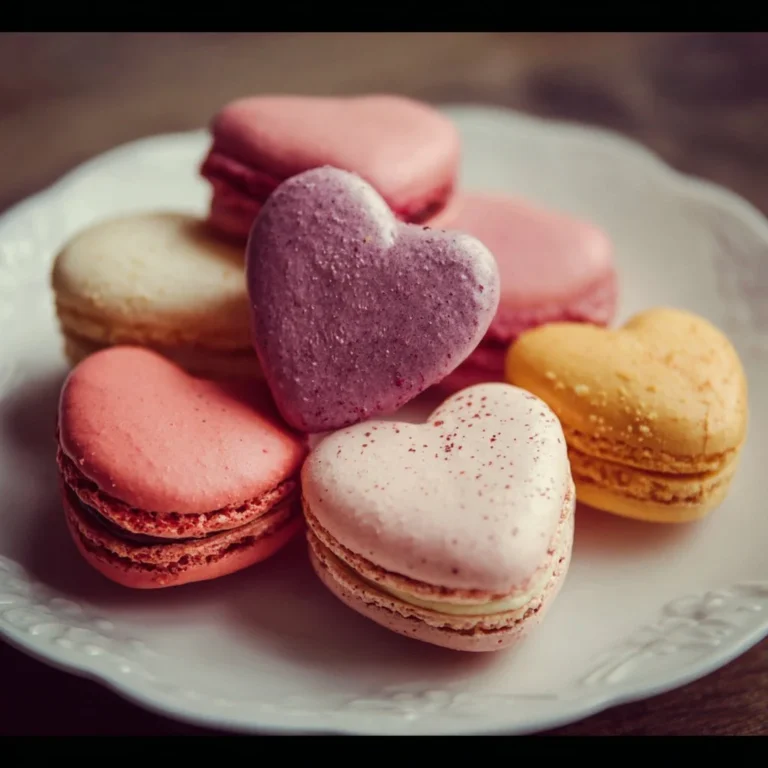 Beautiful heart-shaped macarons in vibrant colors and flavors