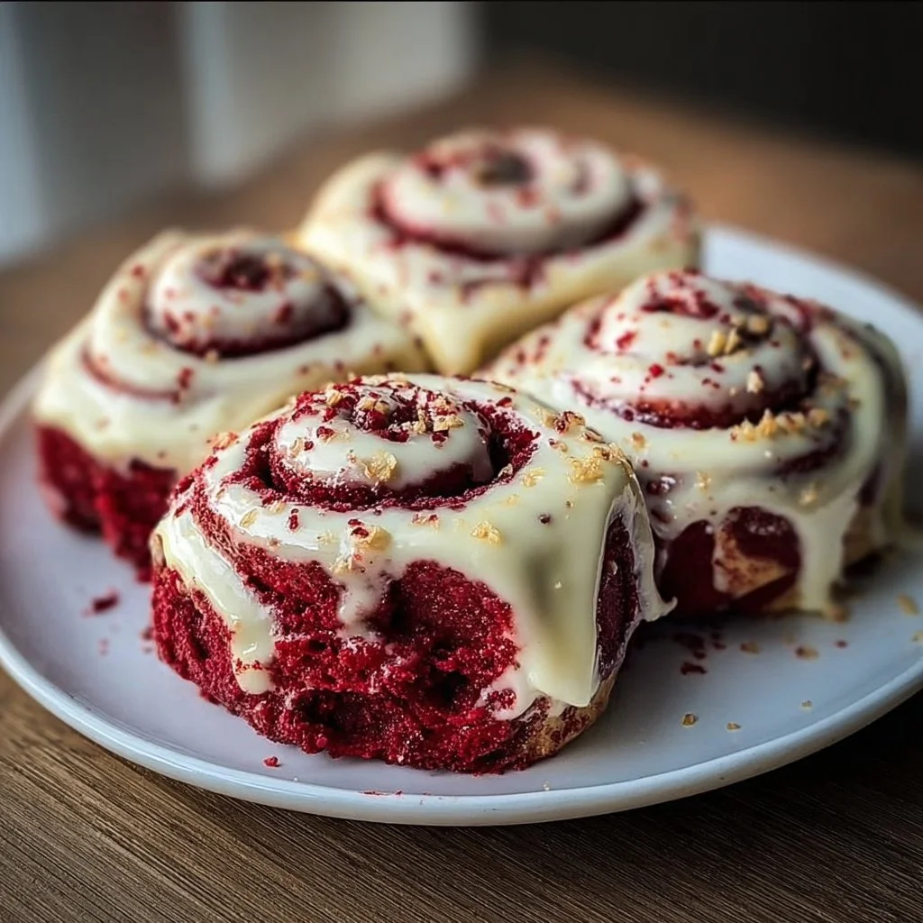 Freshly baked red velvet cinnamon rolls with cream cheese frosting