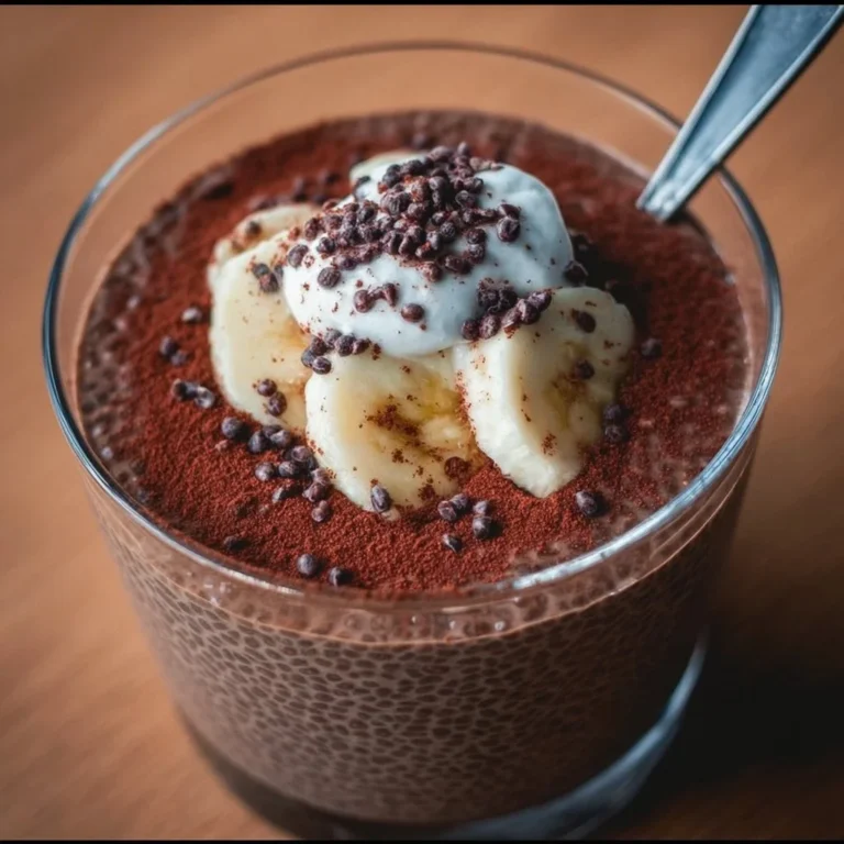 High protein chocolate chia seed pudding in a bowl with chia seeds and chocolate garnish.