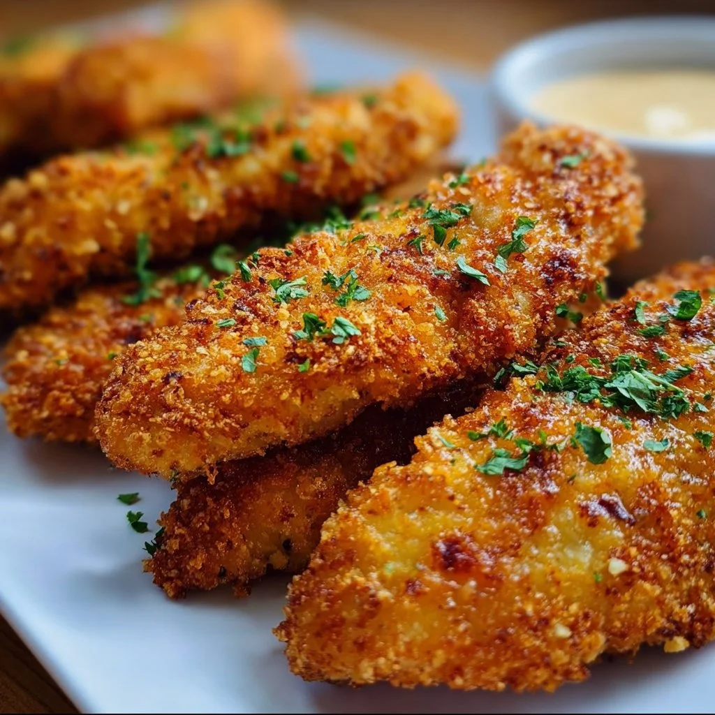 Delicious homemade baked chicken tenders served on a plate with dipping sauce.