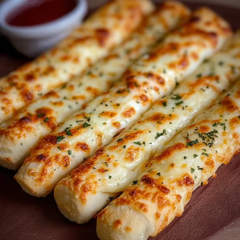Freshly baked homemade cheesy breadsticks topped with melted cheese