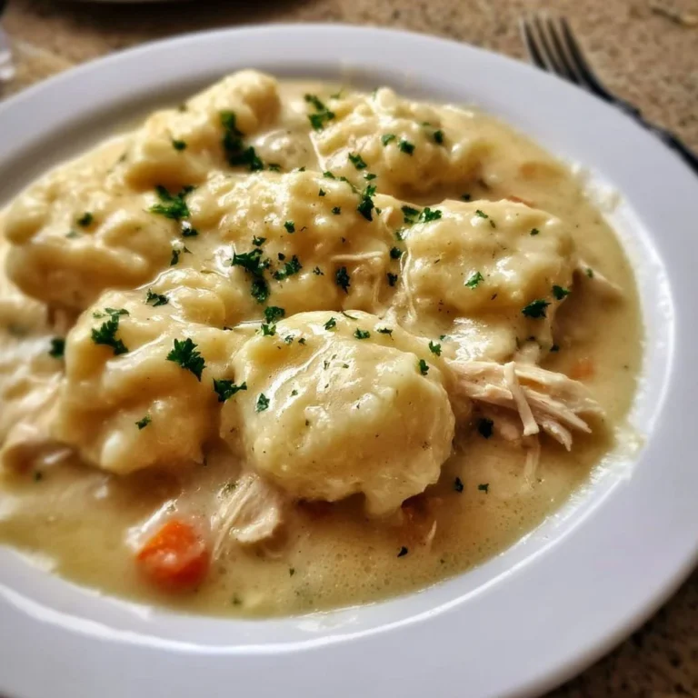 Homemade Cracker Barrel-style chicken and dumplings served in a bowl