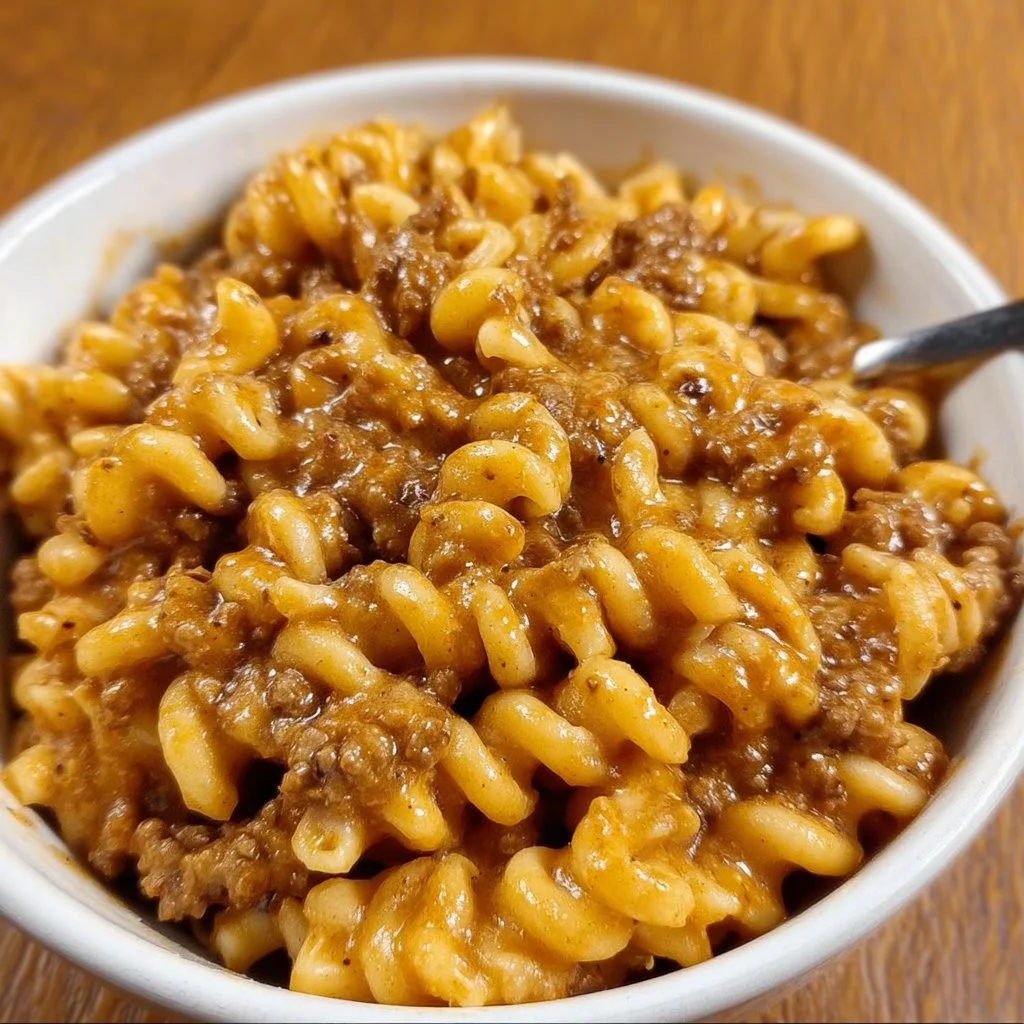 Homemade gluten free hamburger helper served in a bowl with toppings.