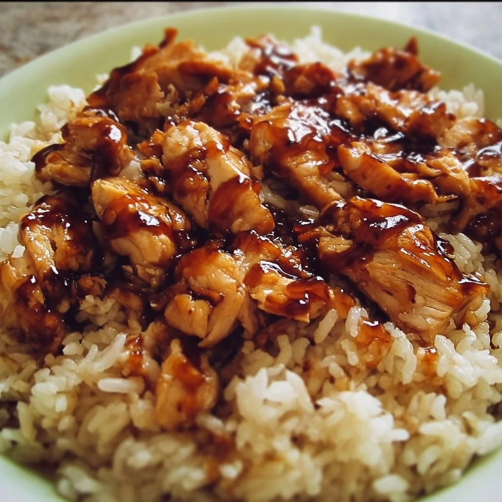 Delicious Honey BBQ Chicken served over rice, garnished with herbs.
