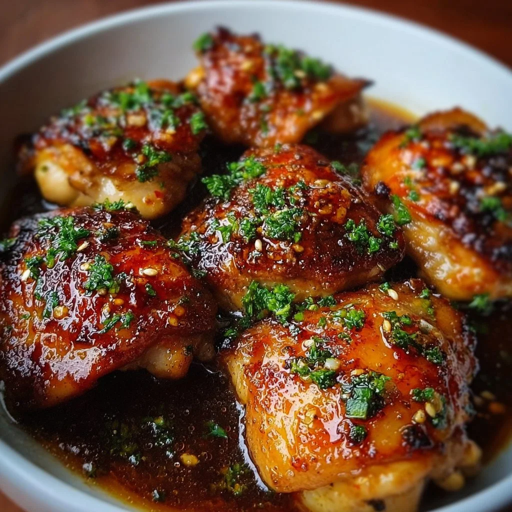 Honey Garlic Chicken Thighs garnished with herbs and plated beautifully