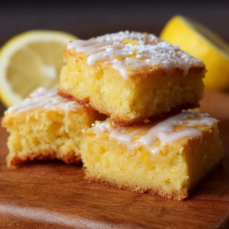 Delicious lemon brownies with a vibrant lemon glaze on a white plate