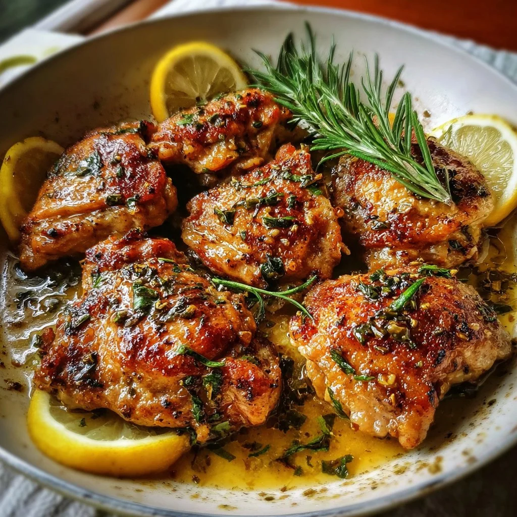 Lemon Garlic Butter Chicken Thighs served on a plate with fresh herbs