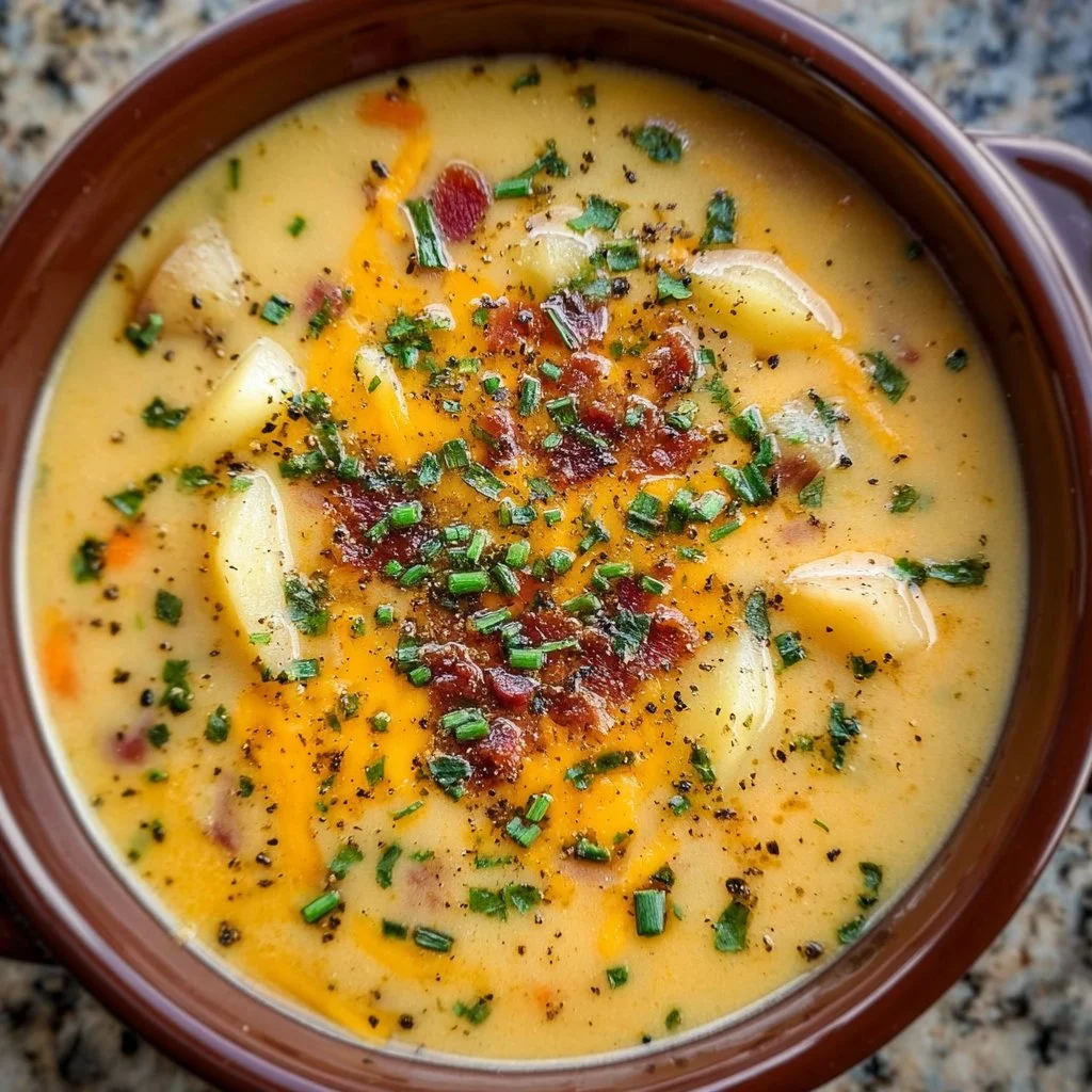 Delicious bowl of loaded potato soup topped with cheese and bacon