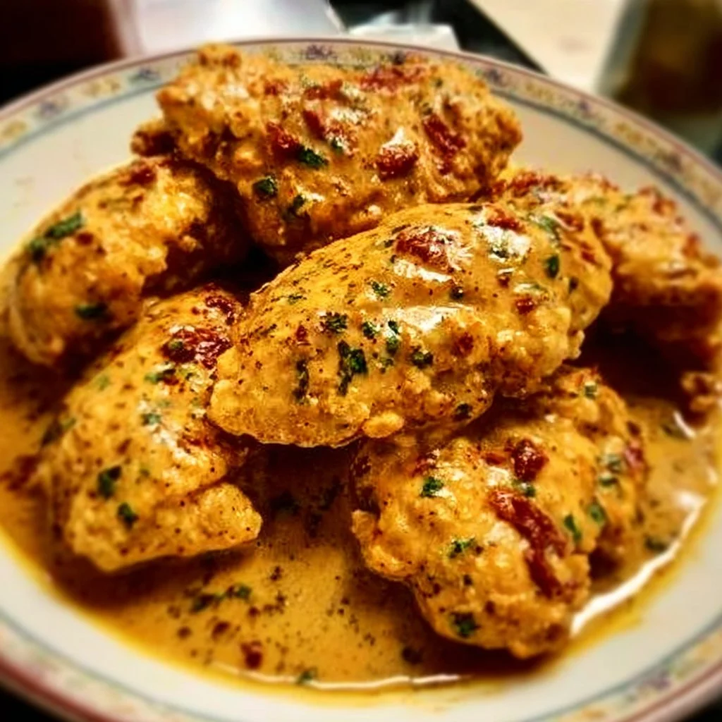 Creamy Marry Me Chicken dish served with herbs and pasta.