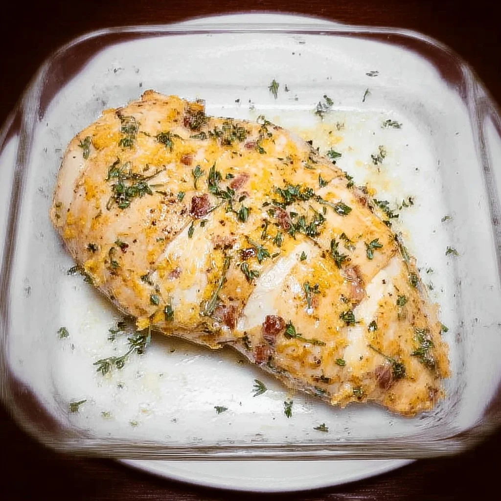 Deliciously baked chicken breast served on a plate with herbs and spices.