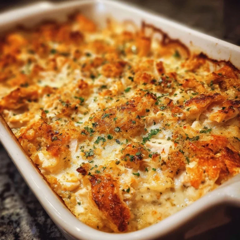Creamy and cheesy Million Dollar Chicken Casserole served in a baking dish
