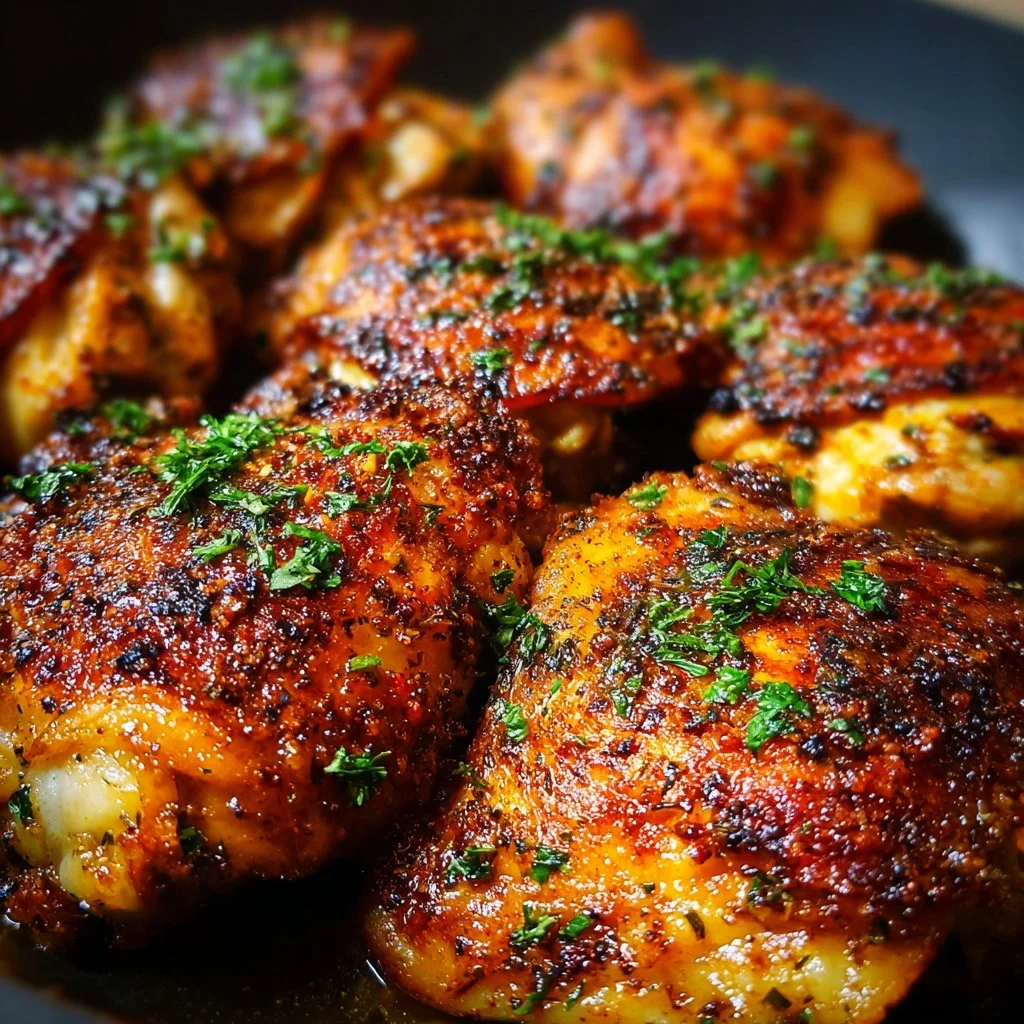 Oven baked chicken thighs served with vegetables and herbs