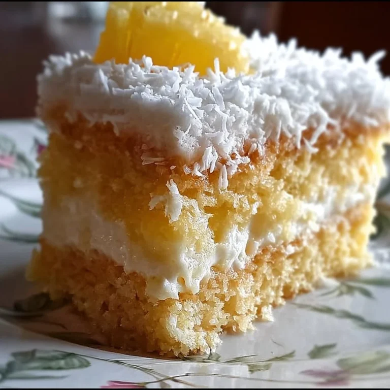 Delicious slice of Pineapple Coconut Dream Cake with tropical toppings.