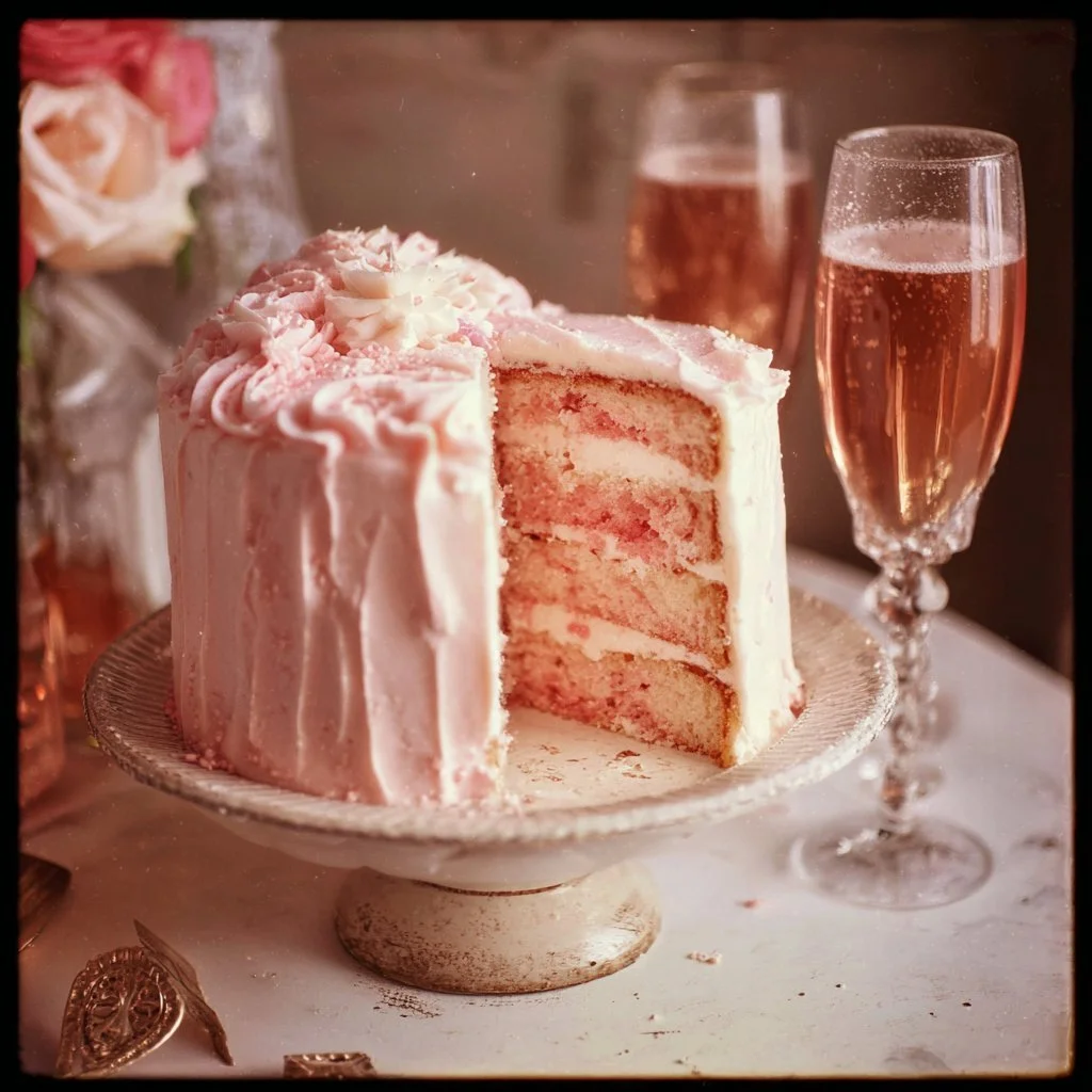 Delicious Pink Champagne Cake topped with frosting and decorative elements
