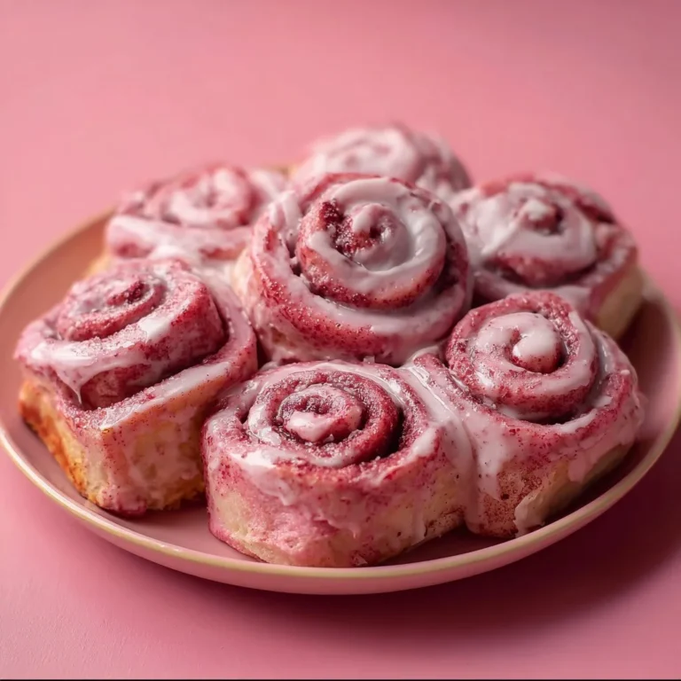 Delicious pink velvet cinnamon rolls topped with cream cheese icing.