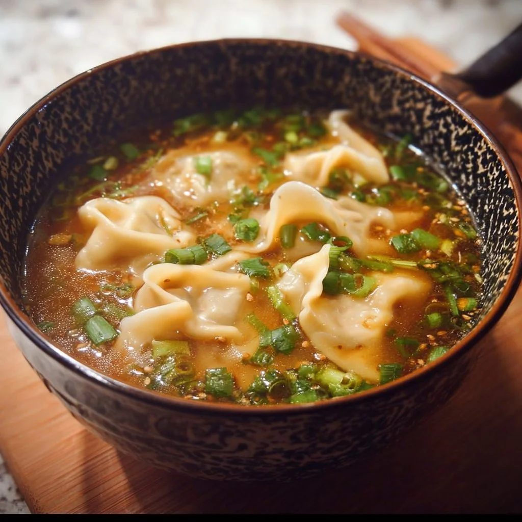 A steaming bowl of potsticker soup with dumplings and fresh vegetables.