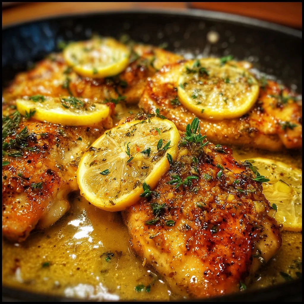 Delicious plate of quick and easy lemon chicken garnished with herbs
