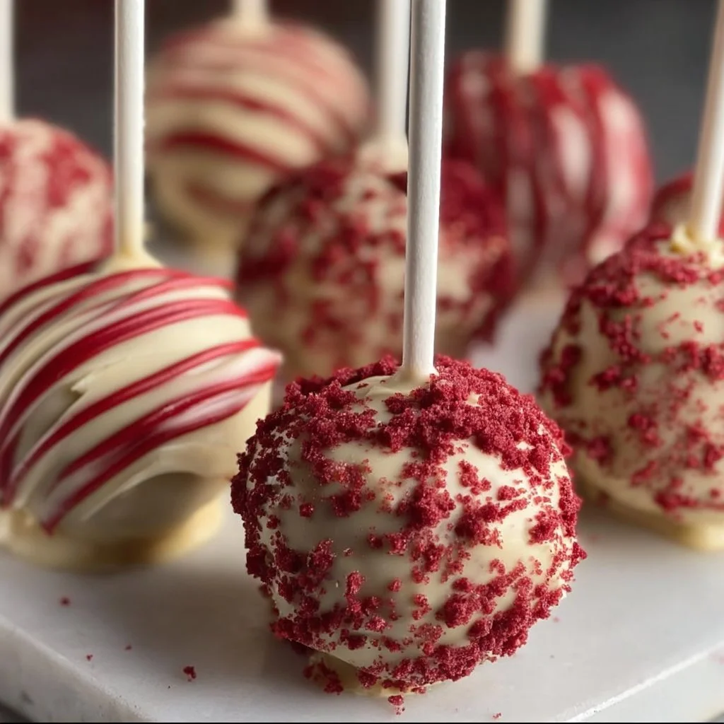 Delicious Red Velvet Cake Pops ready for serving at a party or event.