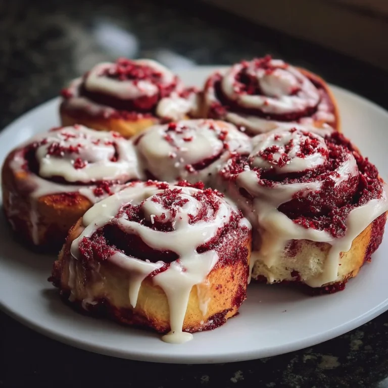 Delicious red velvet cinnamon rolls topped with cream cheese icing.