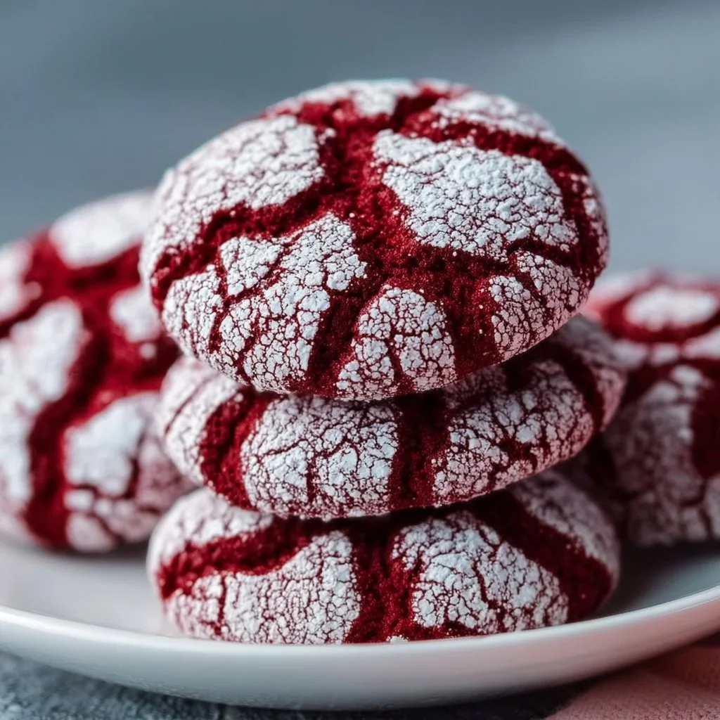 Delicious red velvet crinkle cookies on a plate with powdered sugar