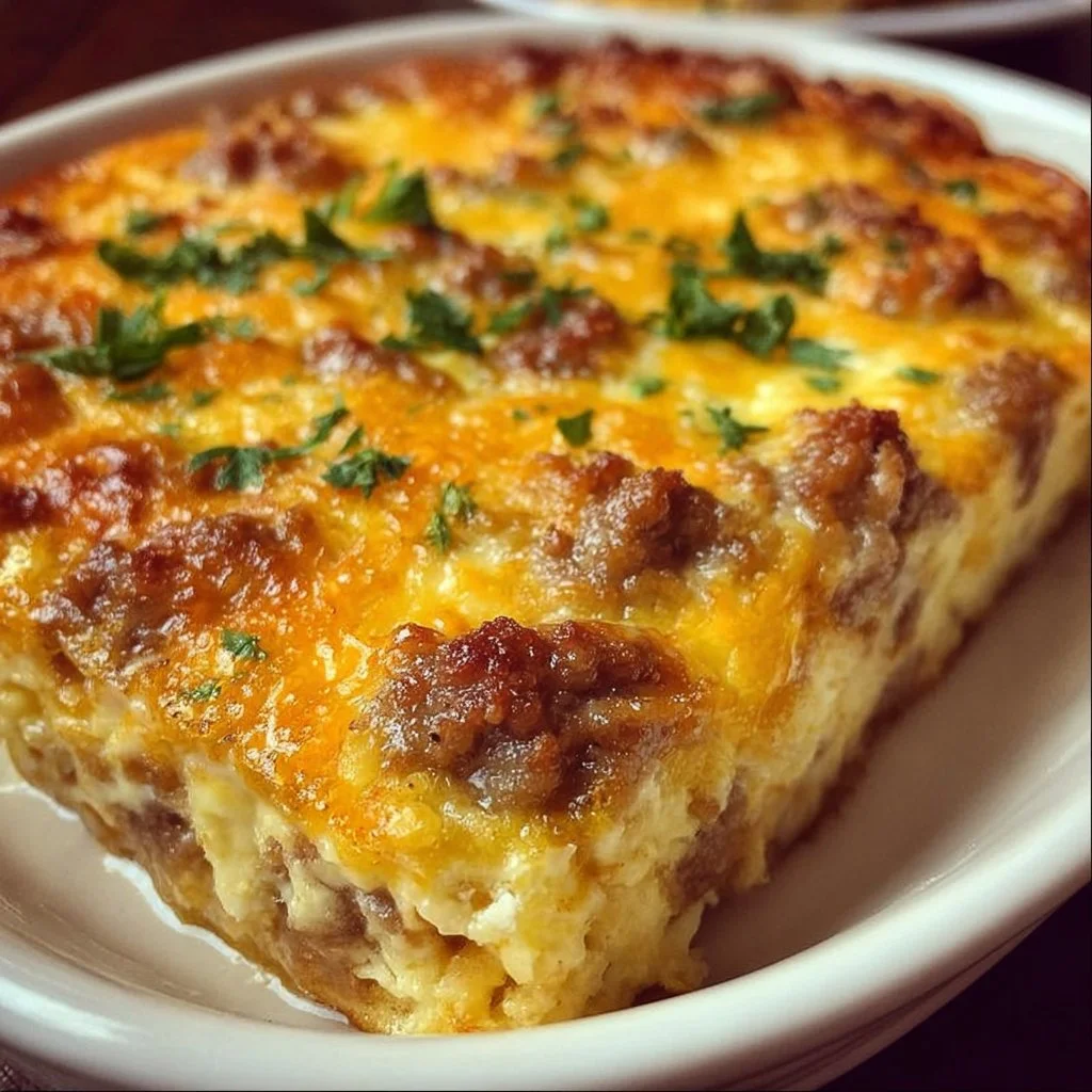 Delicious Sausage and Egg Casserole served in a rustic dish
