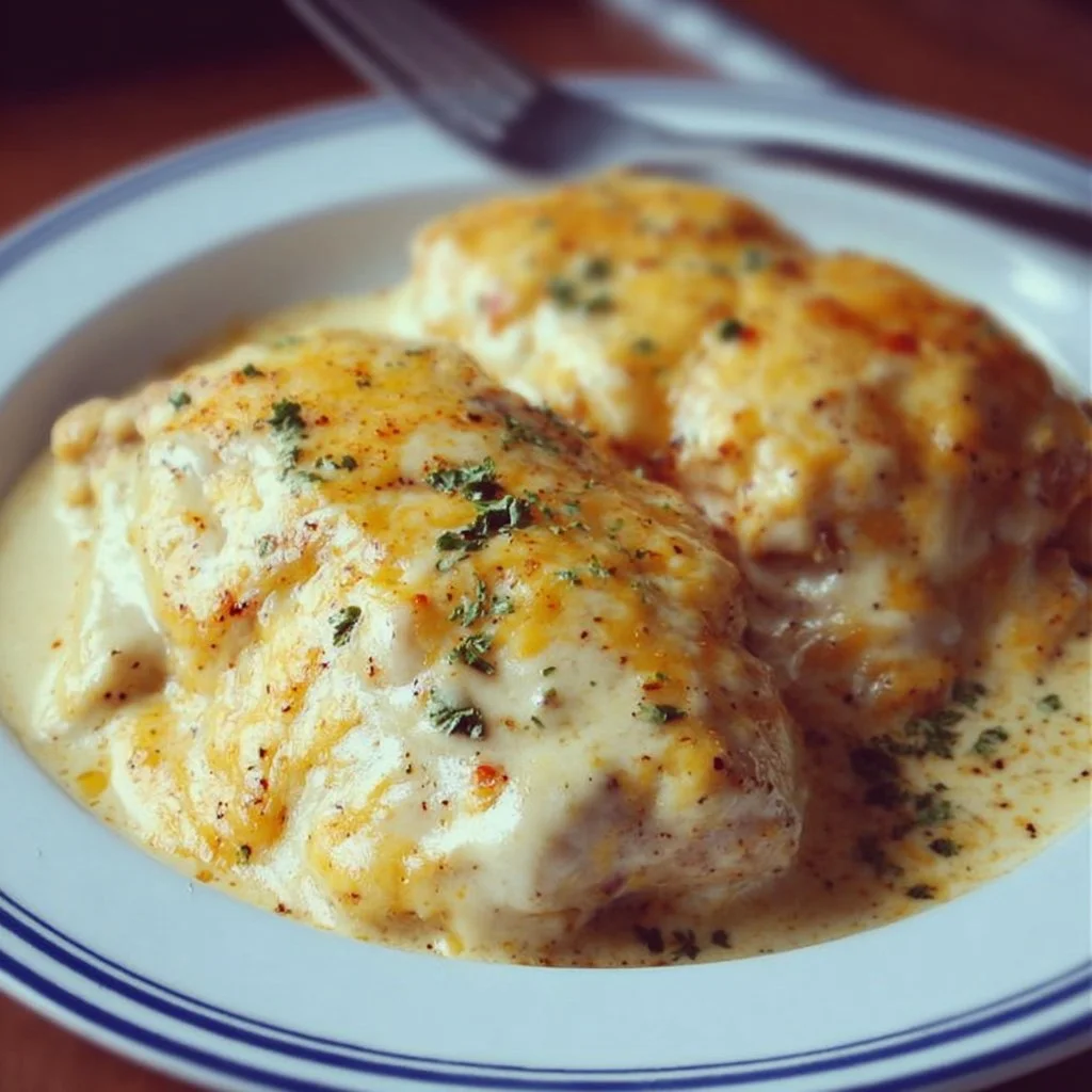 Delicious smothered cheesy sour cream chicken served on a plate