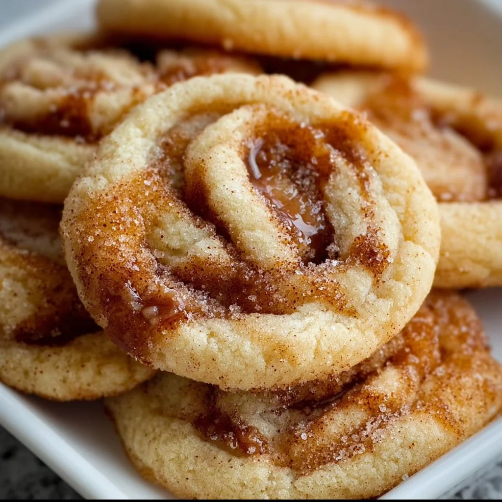 Soft and chewy cinnamon roll sugar cookies on a baking tray.