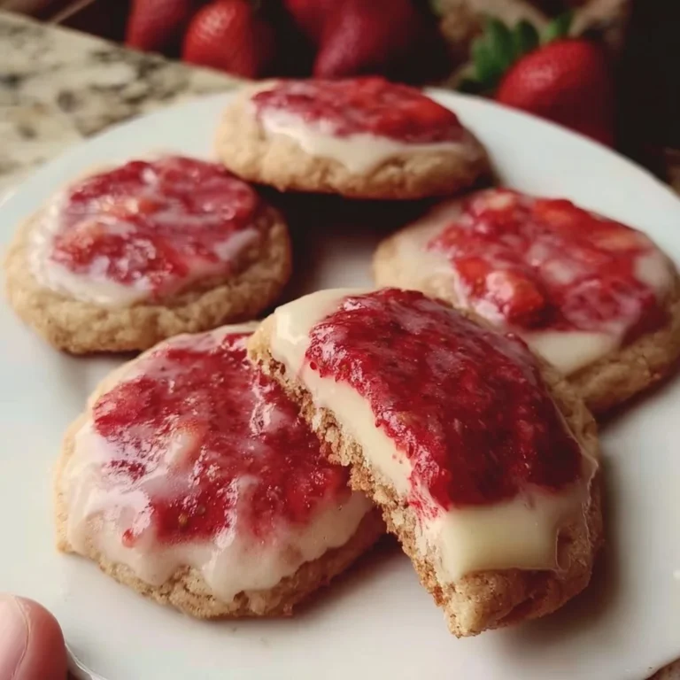 Strawberry cheesecake cookies on a plate, showcasing their delicious texture and flavor.