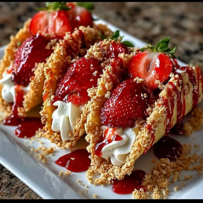 Delicious strawberry crunch cheesecake tacos elegantly plated for a tempting dessert