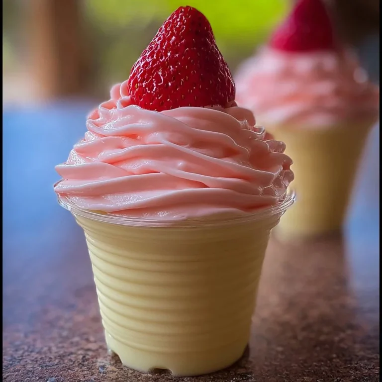 Delicious Strawberry Dole Whip served in a cup with a cherry on top