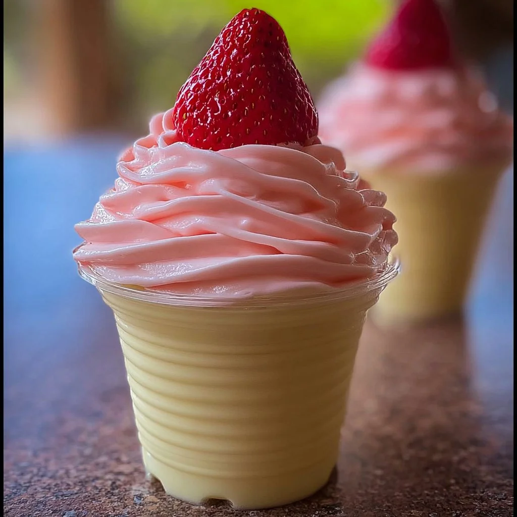 Delicious Strawberry Dole Whip served in a cup with a cherry on top