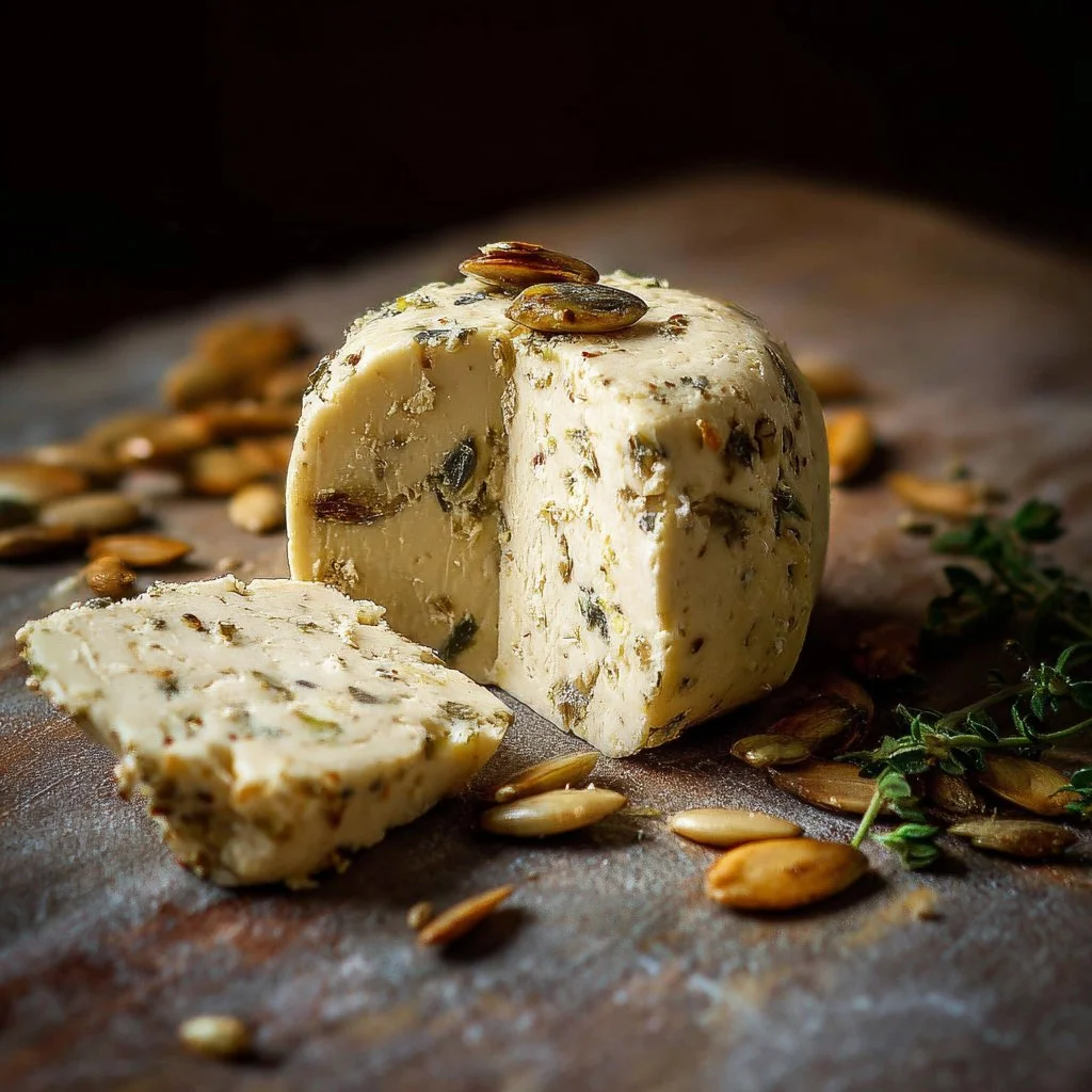 A bowl of homemade sunflower seed cheese garnished with herbs and spices.