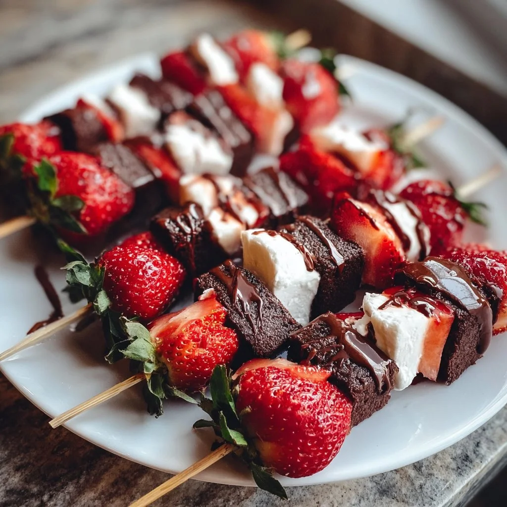 Delicious strawberry brownie kabobs served on skewers for a festive party treat