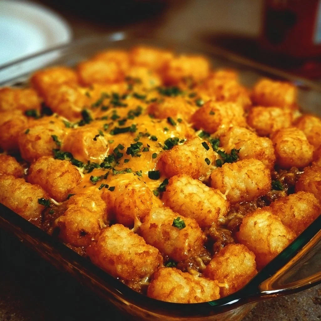 Delicious Tater Tot Casserole baked with cheese and ground beef