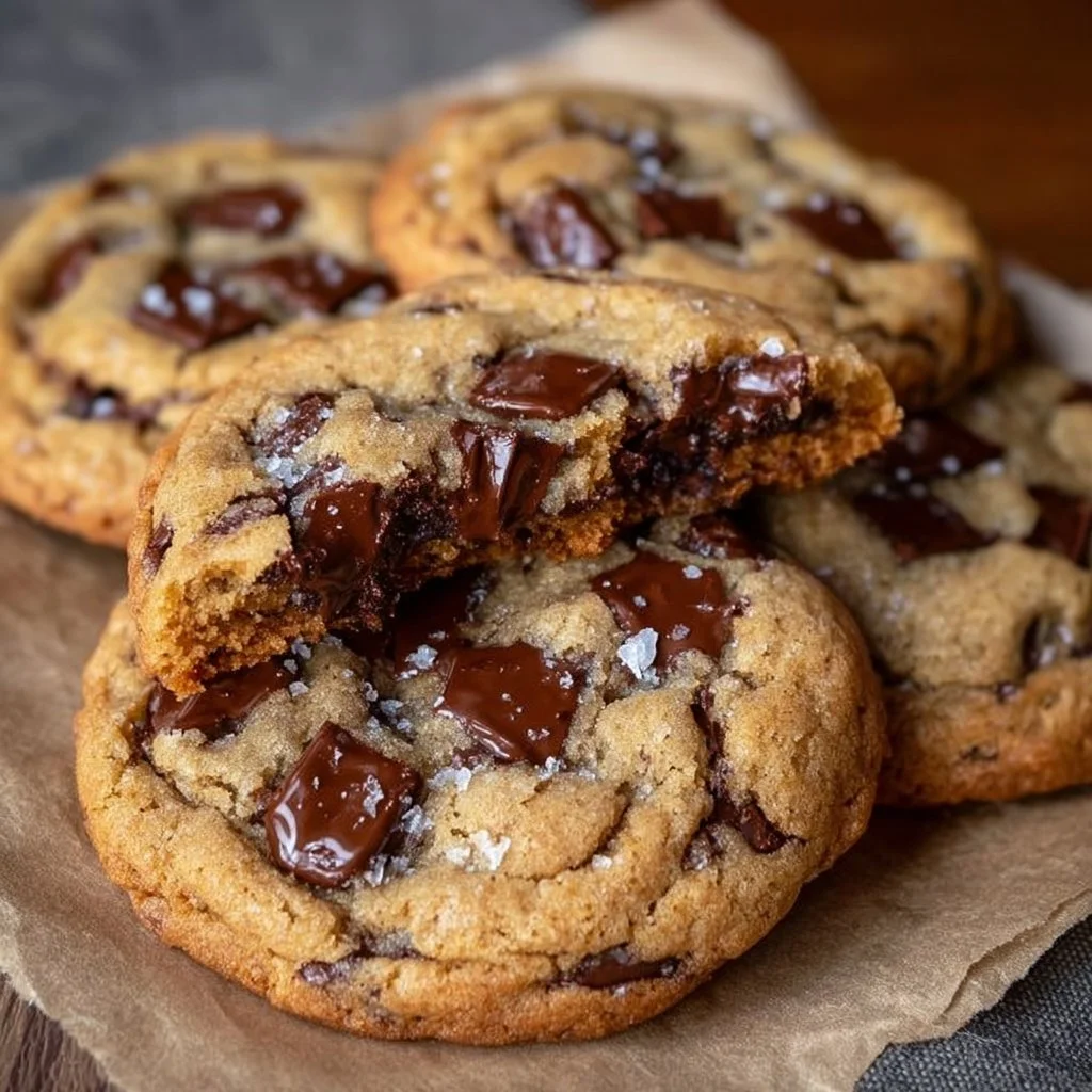 Ultra thick chocolate chip cookies with crispy edges and gooey chocolate centers