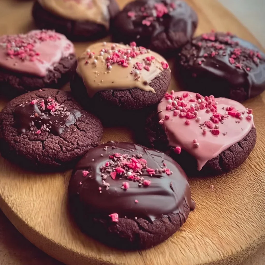 Valentine's Day ganache cookies decorated with heart shapes.