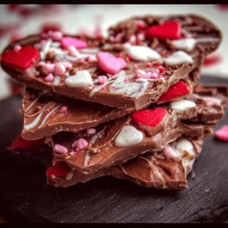 Valentine's Day chocolate bark with colorful toppings on a decorative plate
