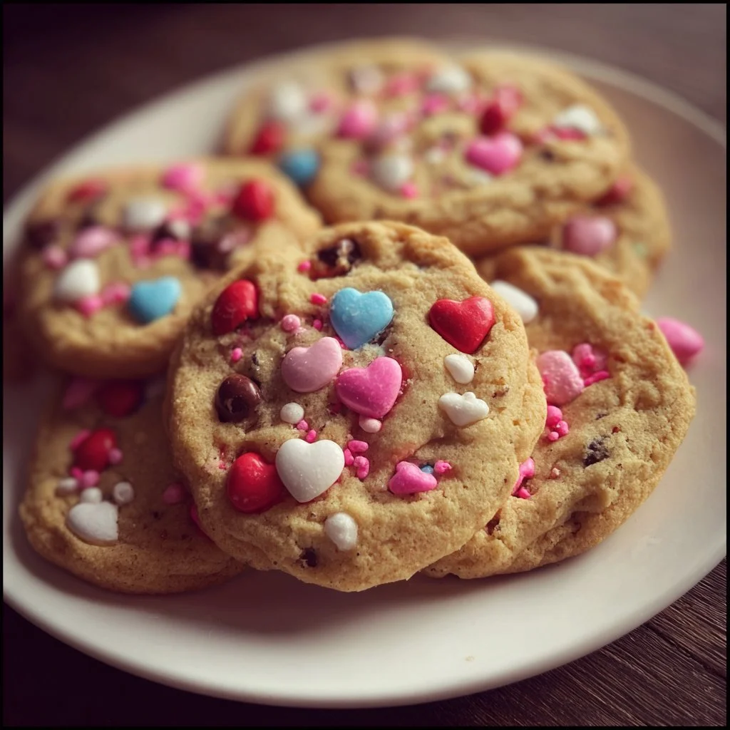 Freshly baked Valentine's Day M&M Cookies with colorful chocolate candies.