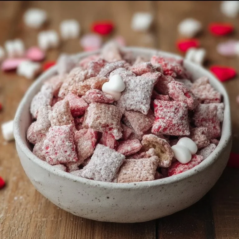 Valentine’s Day themed muddy buddies dessert recipe.