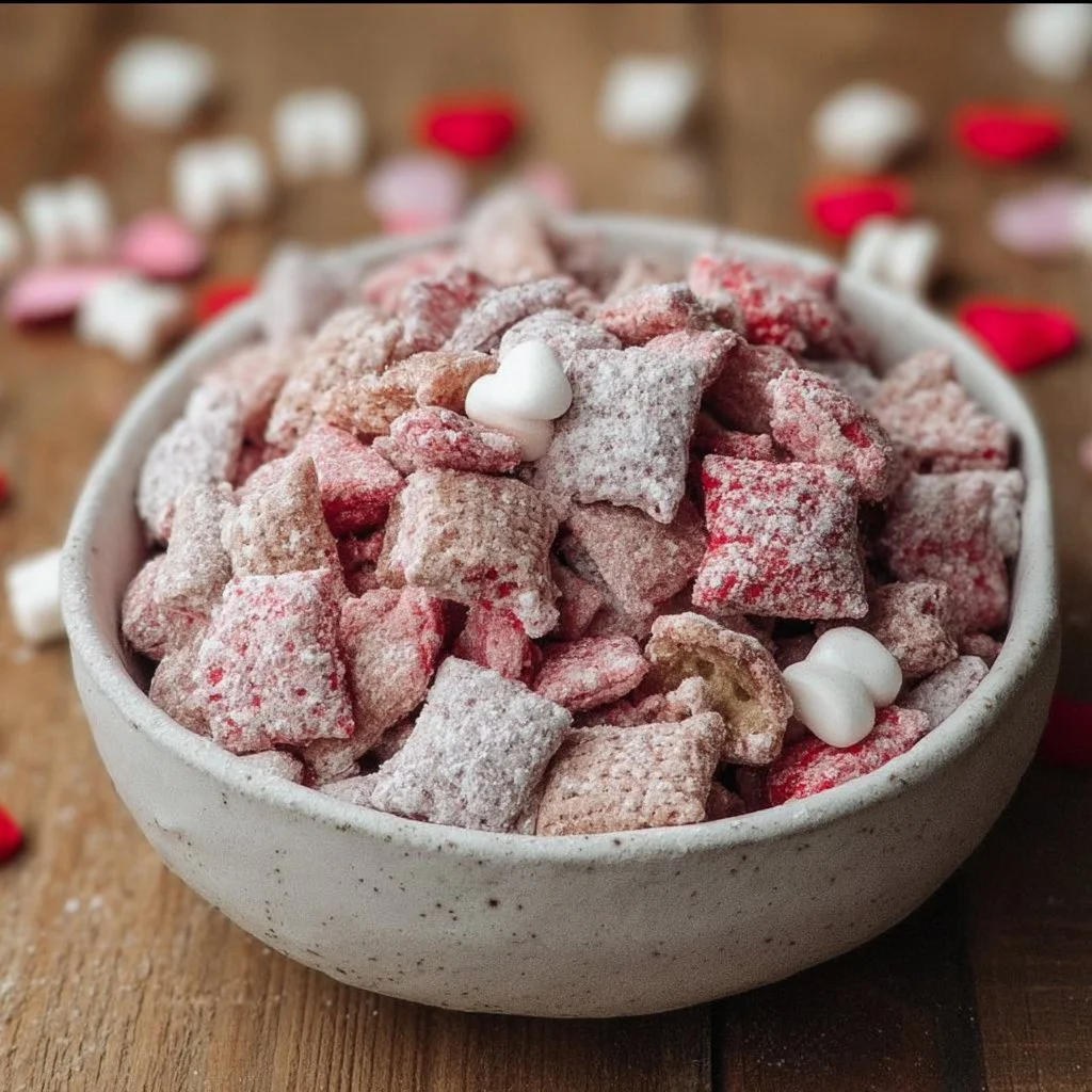 Valentine’s Day themed muddy buddies dessert recipe.