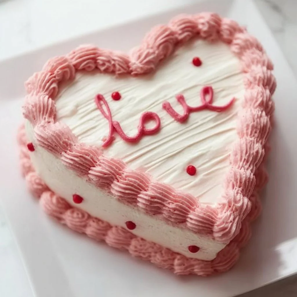 White heart-shape cake decorated with pink buttercream frosting