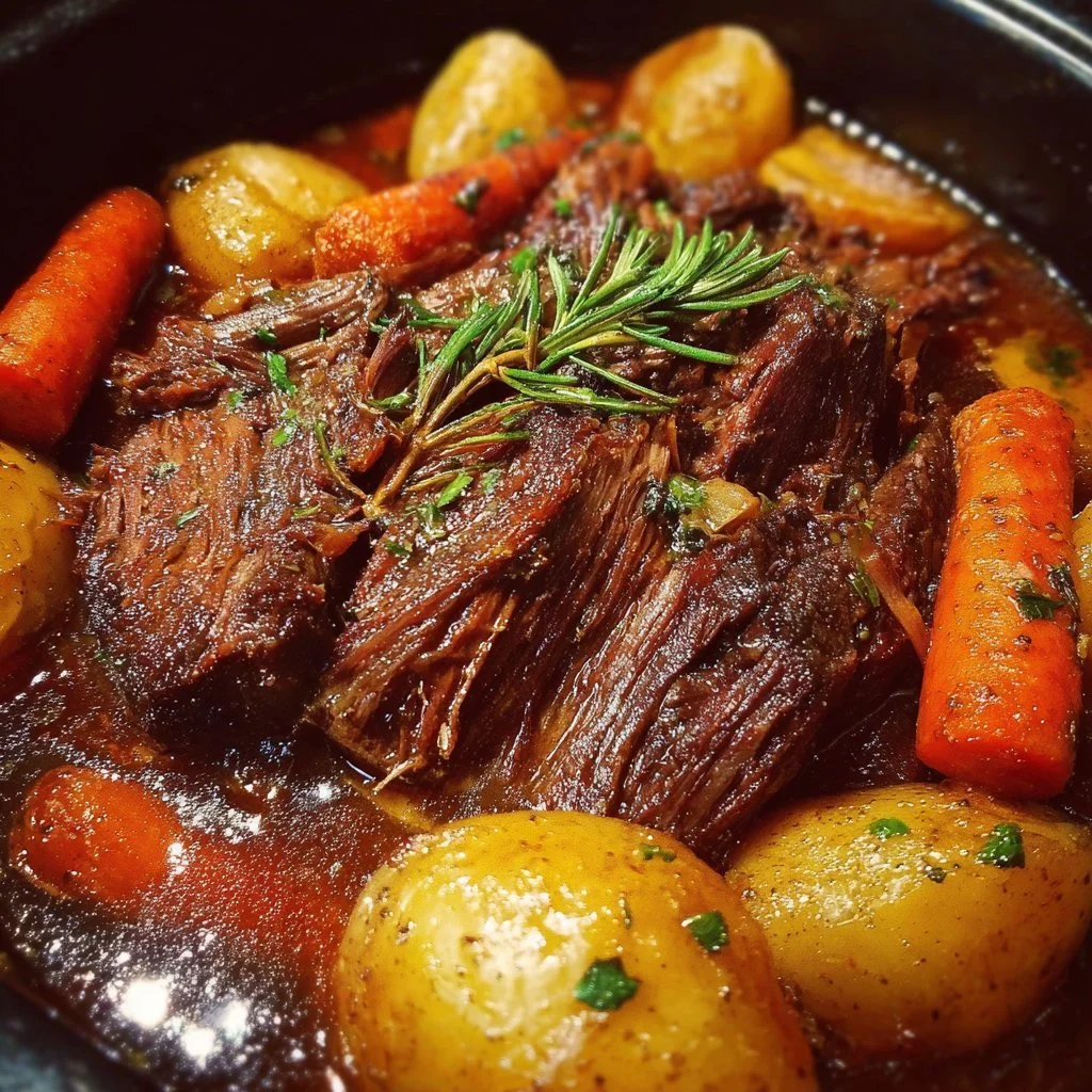 Delicious 5-star pot roast cooked in a slow cooker, showcasing tender meat and rich gravy.