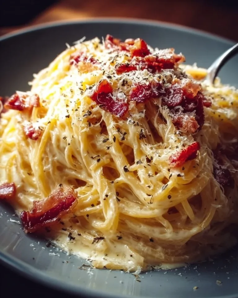 Plate of authentic Carbonara pasta topped with cheese and fresh parsley
