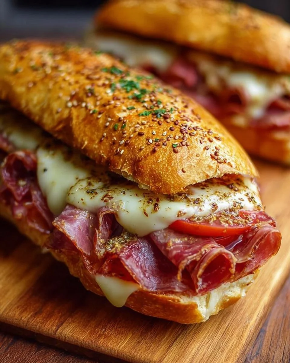 Delicious baked Italian sub sandwiches with layers of meats and cheese