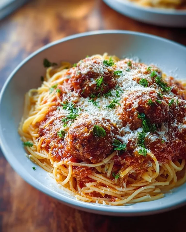 Baked spaghetti and meatballs in a casserole dish garnished with parsley