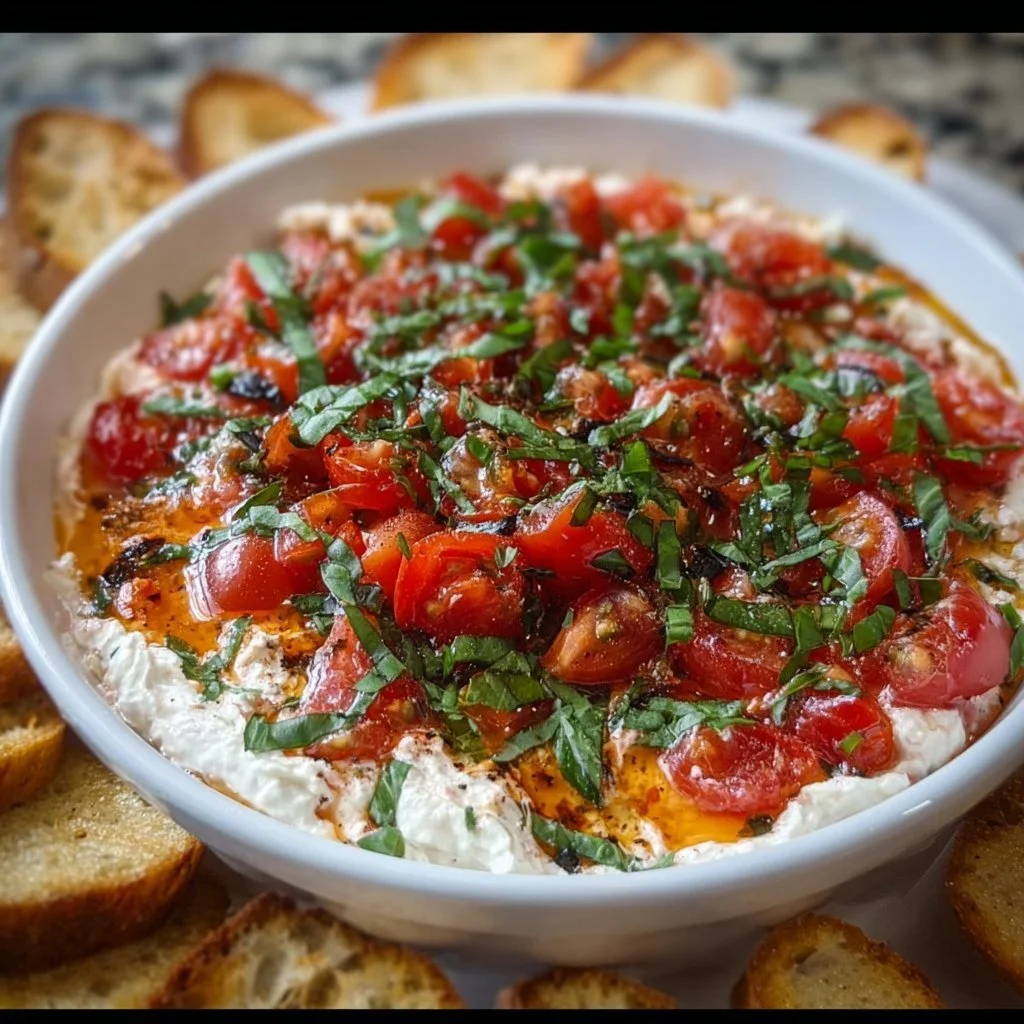 Delicious bruschetta dip served in a bowl with fresh toppings.